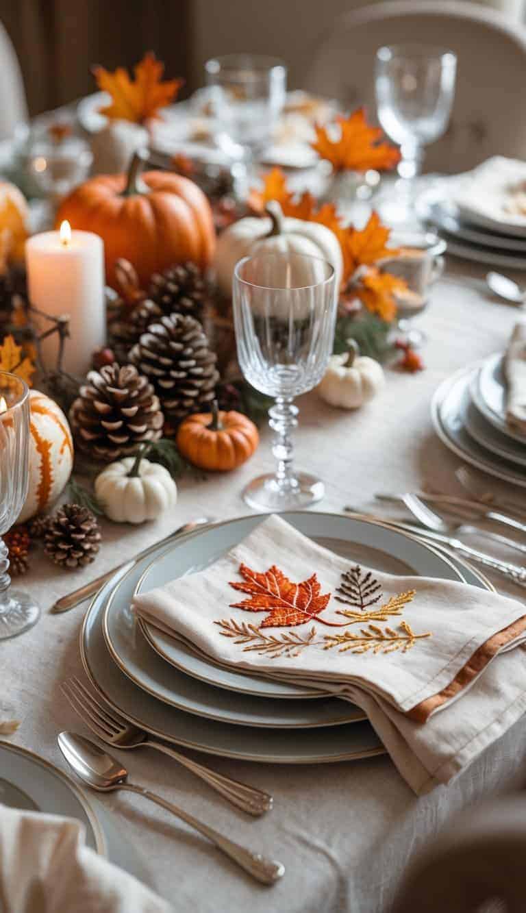 A dining table set with plates, glasses, cutlery, and natural cotton napkins embroidered with fall leaves, decorated for a fall dinner party.