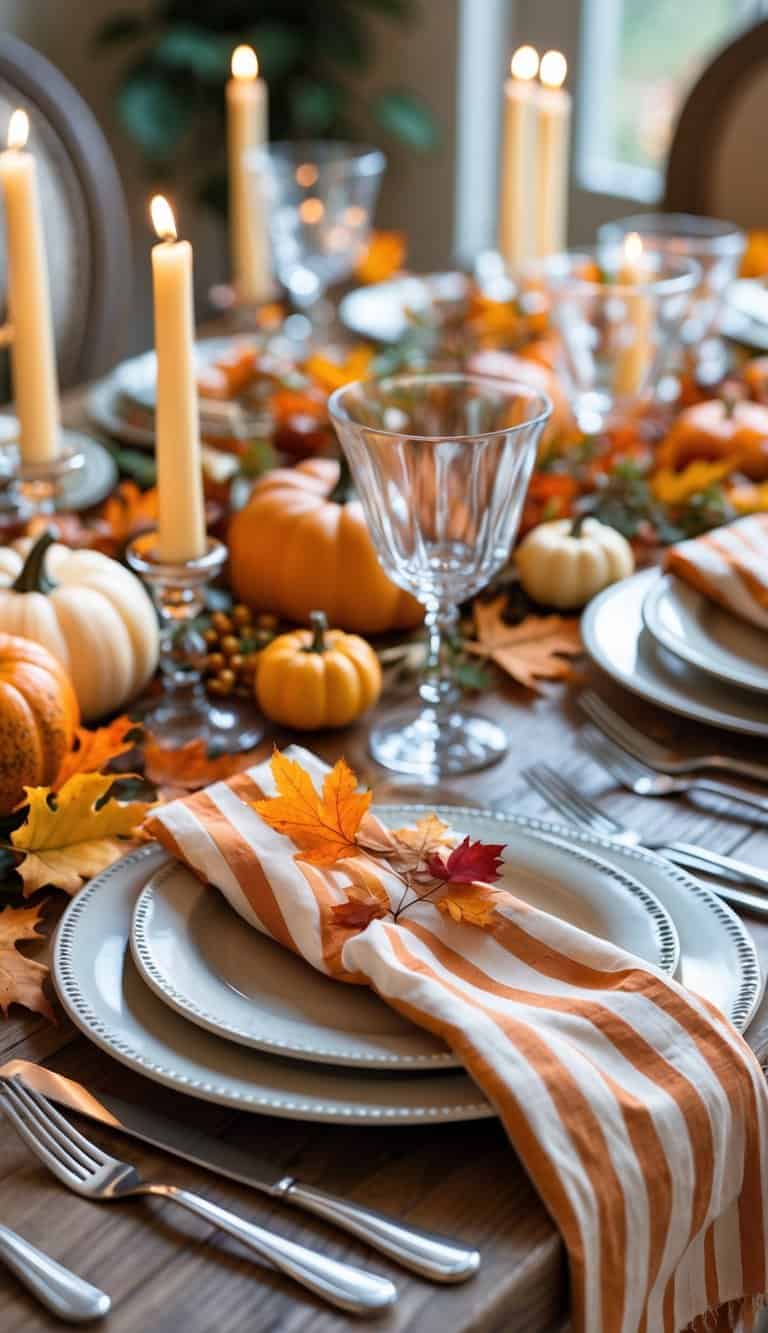 A dining table set with orange and cream striped napkins, plates, glasses, and autumn decorations for a fall dinner party.
