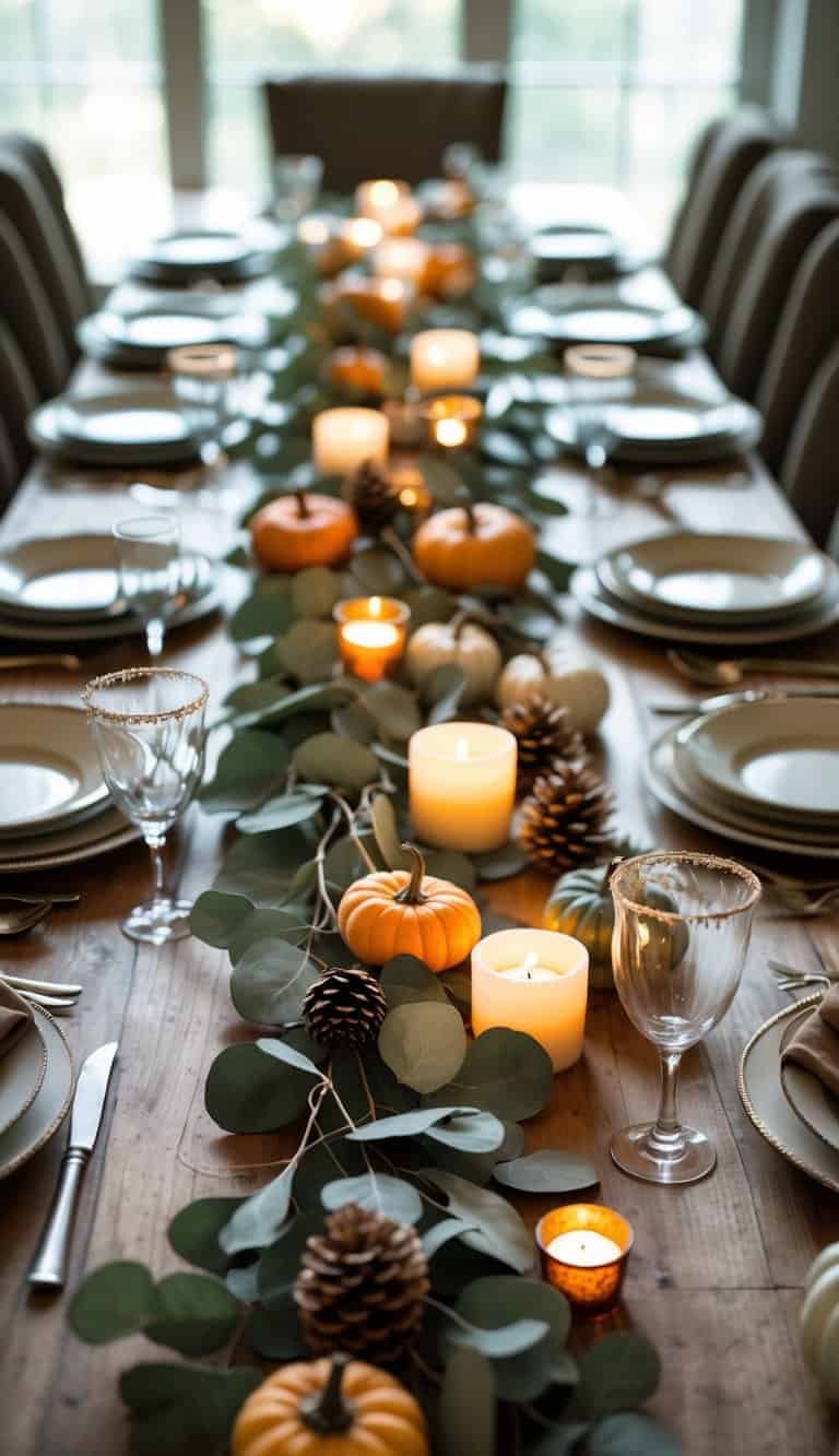 A full dining table set with plates, glasses, cutlery, and a seeded eucalyptus garland runner decorated with small pumpkins and candles for a fall dinner party.