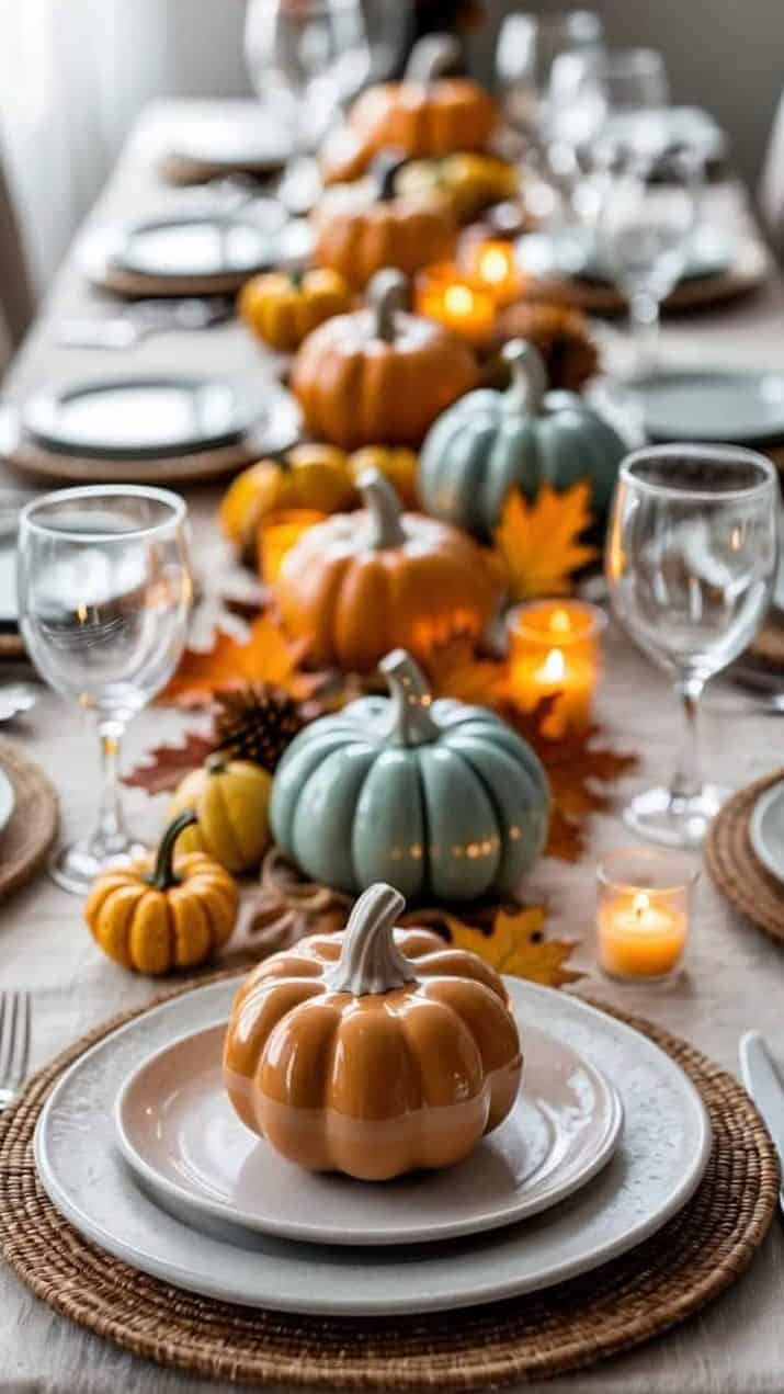 A dining table set with plates, wine glasses, candles, and decorative ceramic pumpkins in orange and teal, arranged with autumn leaves and pinecones.