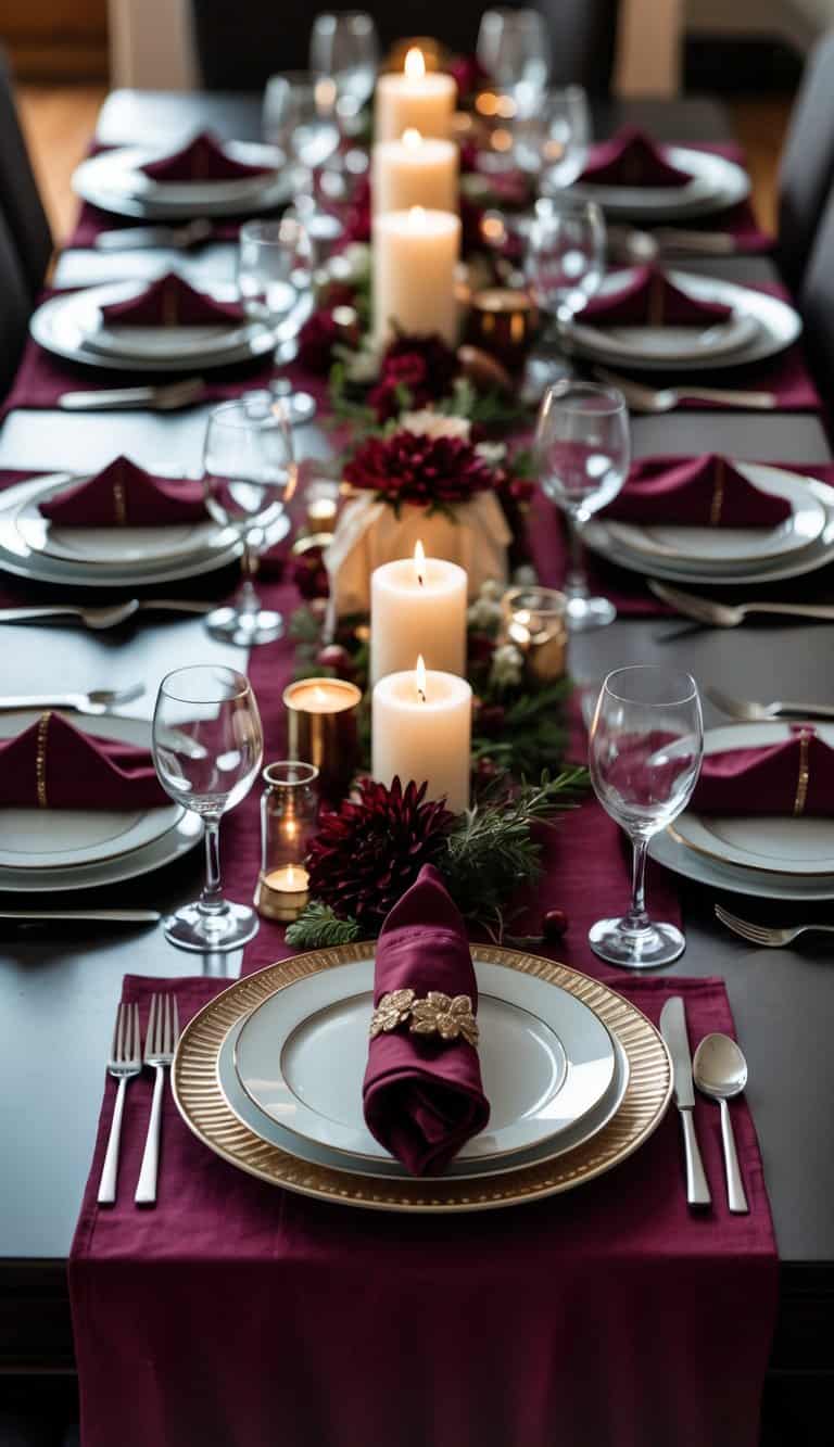 A dining table fully set with dinnerware and burgundy decorations including a tablecloth, napkins, candles, and flowers.