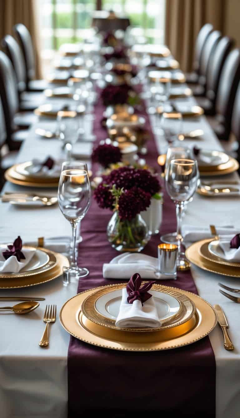 A full dining table set with metallic gold charger plates under white dinnerware and burgundy table decorations.