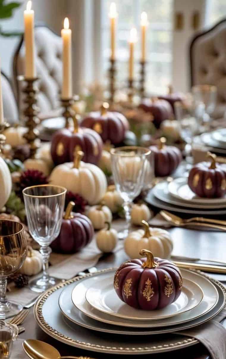 Elegant dining table set with gold-rimmed plates, gold cutlery, glassware, white and burgundy pumpkins, and lit candles arranged as a centerpiece.