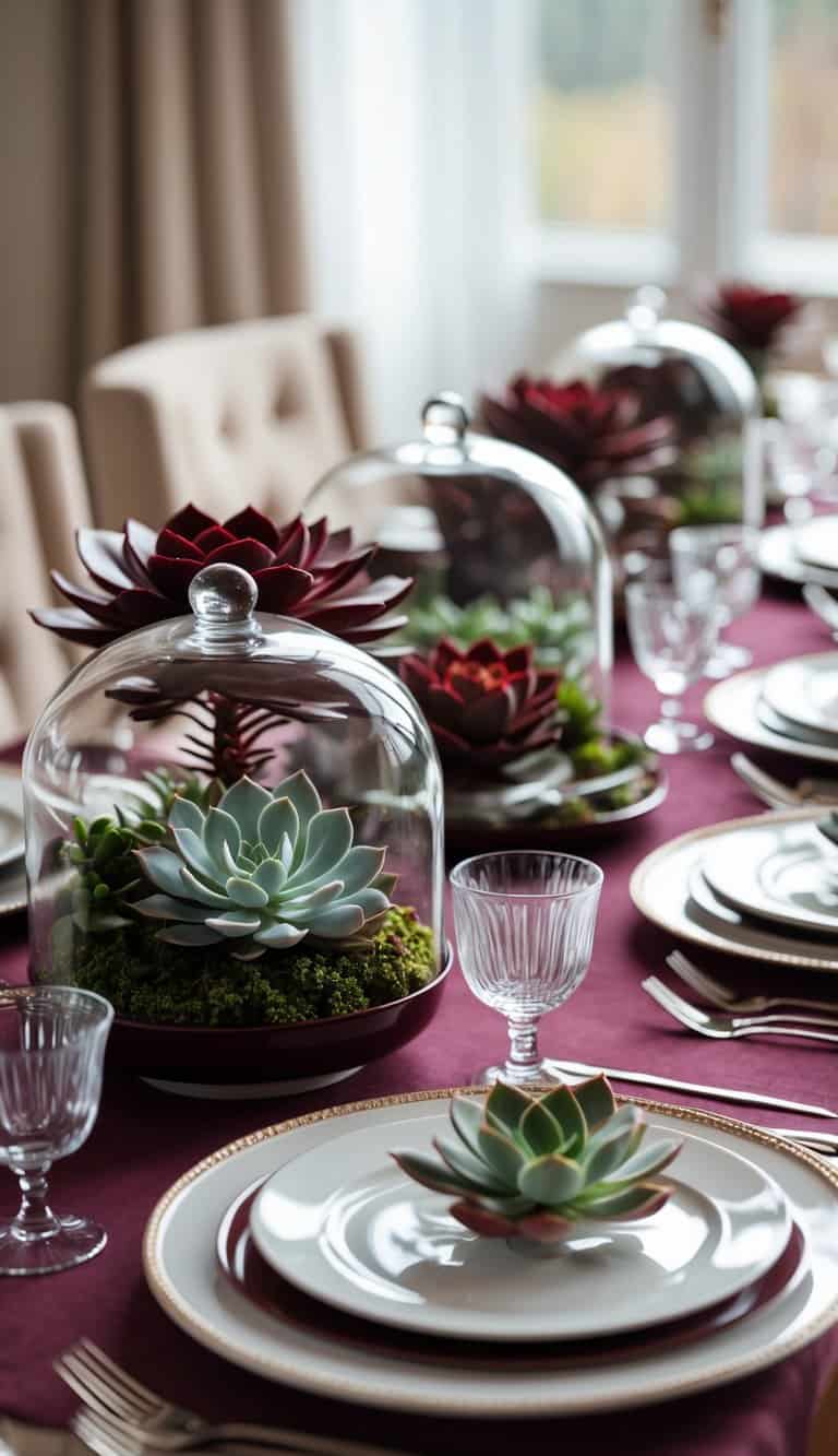 A dining table set with burgundy succulents under glass cloches surrounded by dinnerware.