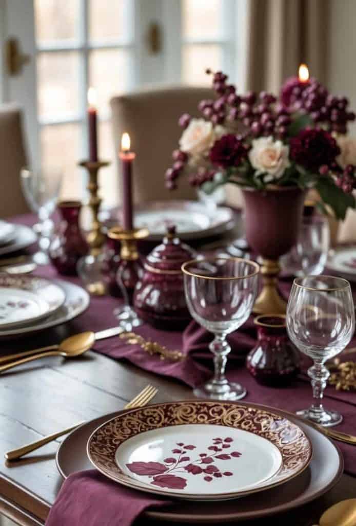 A dining table set with burgundy-themed plates, gold utensils, glassware, lit candles, and a floral centerpiece in matching tones.