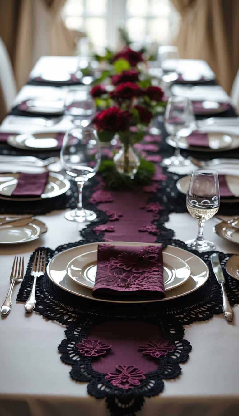 A dining table set with black lace placemats with burgundy highlights, plates, glasses, and cutlery arranged for a meal.