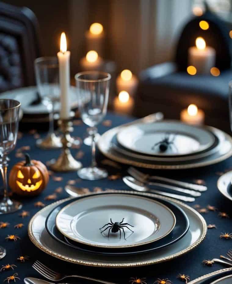 Elegant dining table set with black and white plates, each featuring a plastic spider, surrounded by candles, a jack-o'-lantern, and small spider decorations for a Halloween theme.