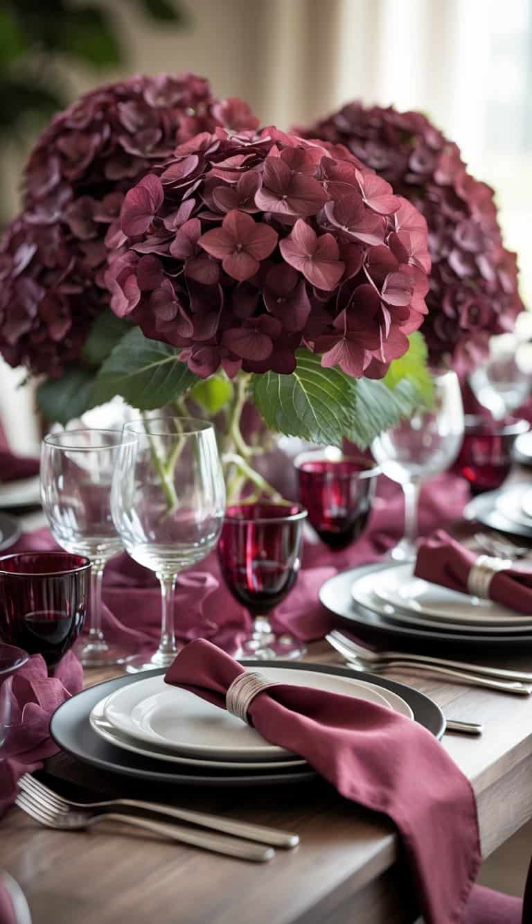 A dining table fully set with burgundy hydrangea flowers as the centerpiece and matching dinnerware arranged neatly.