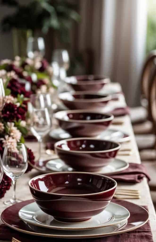 A long dining table set with maroon bowls, white plates, gold cutlery, wine glasses, and burgundy napkins, decorated with floral centerpieces.