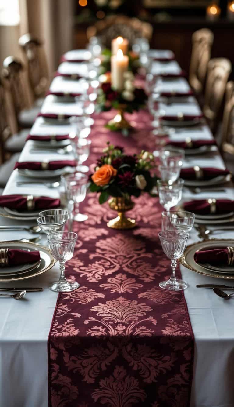 A full dining table set with dinnerware and a burgundy damask patterned table runner, decorated with candles and flowers.