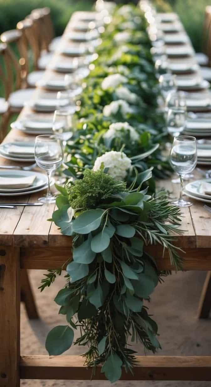 A long wooden table is set for a meal with plates, glasses, and cutlery, and decorated with a green and white floral garland running down the center.