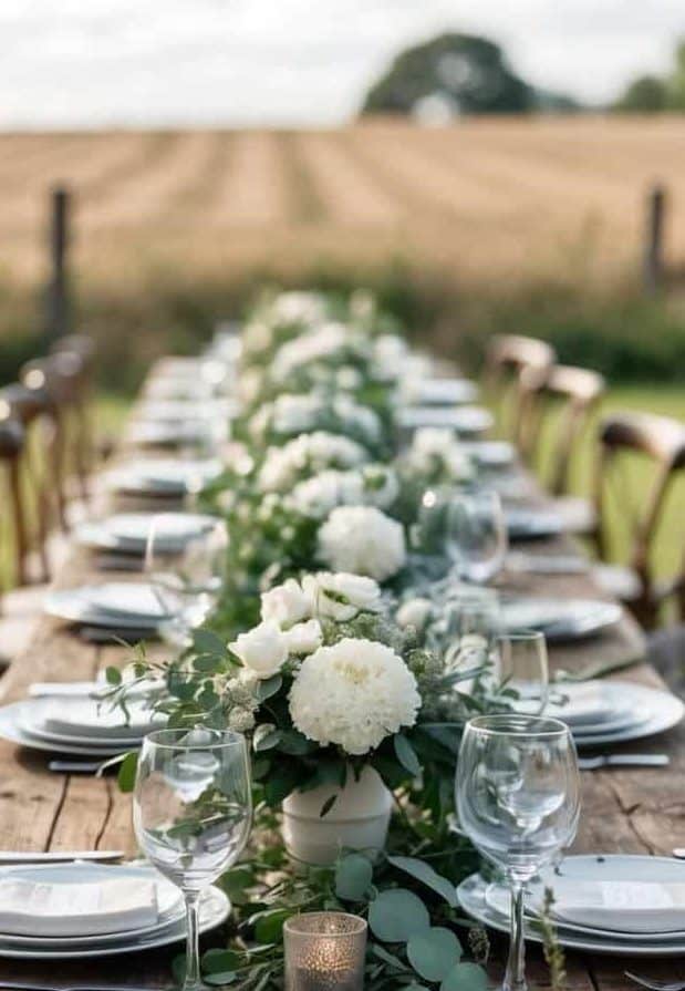 A long outdoor wooden table is set for a meal with white plates, glassware, silverware, and white floral centerpieces, surrounded by chairs in a field.