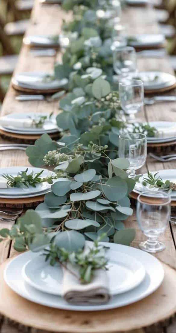 A long wooden table set for a meal with white plates, glasses, cutlery, and a green eucalyptus garland centerpiece outdoors.