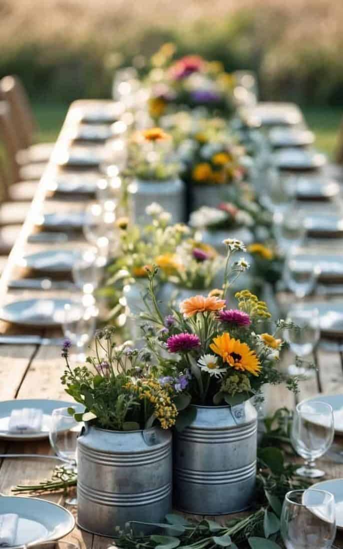 A long outdoor wooden table set with plates, glasses, and cutlery, featuring metal vases filled with colorful flowers as the centerpiece.