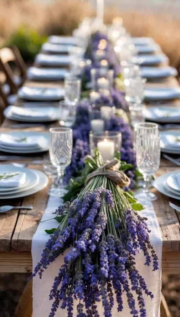 A long outdoor dining table set with white plates, glassware, and a centerpiece of lavender sprigs and candles running down the center.