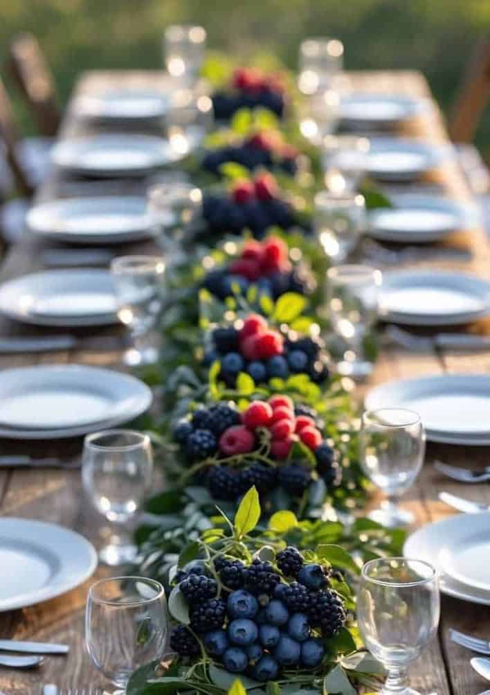 A long wooden table set outdoors with white plates, glasses, cutlery, and centerpieces of assorted fresh berries and green leaves.