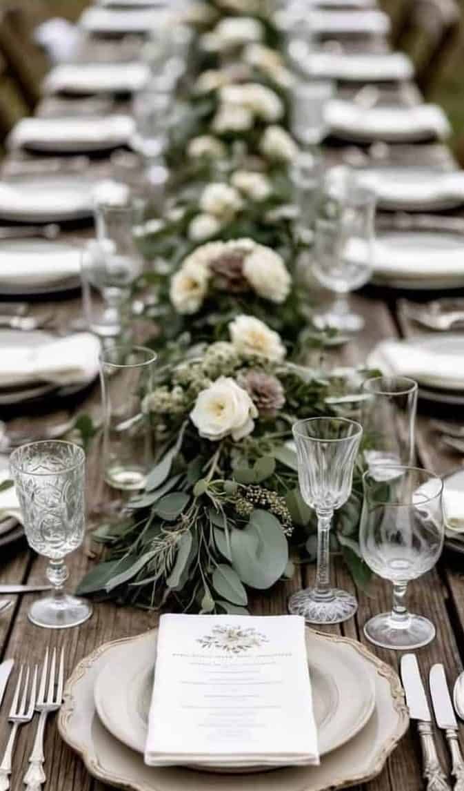 A rustic wooden table set for a formal meal with white plates, silverware, glassware, menus, and a floral greenery centerpiece running down the middle.