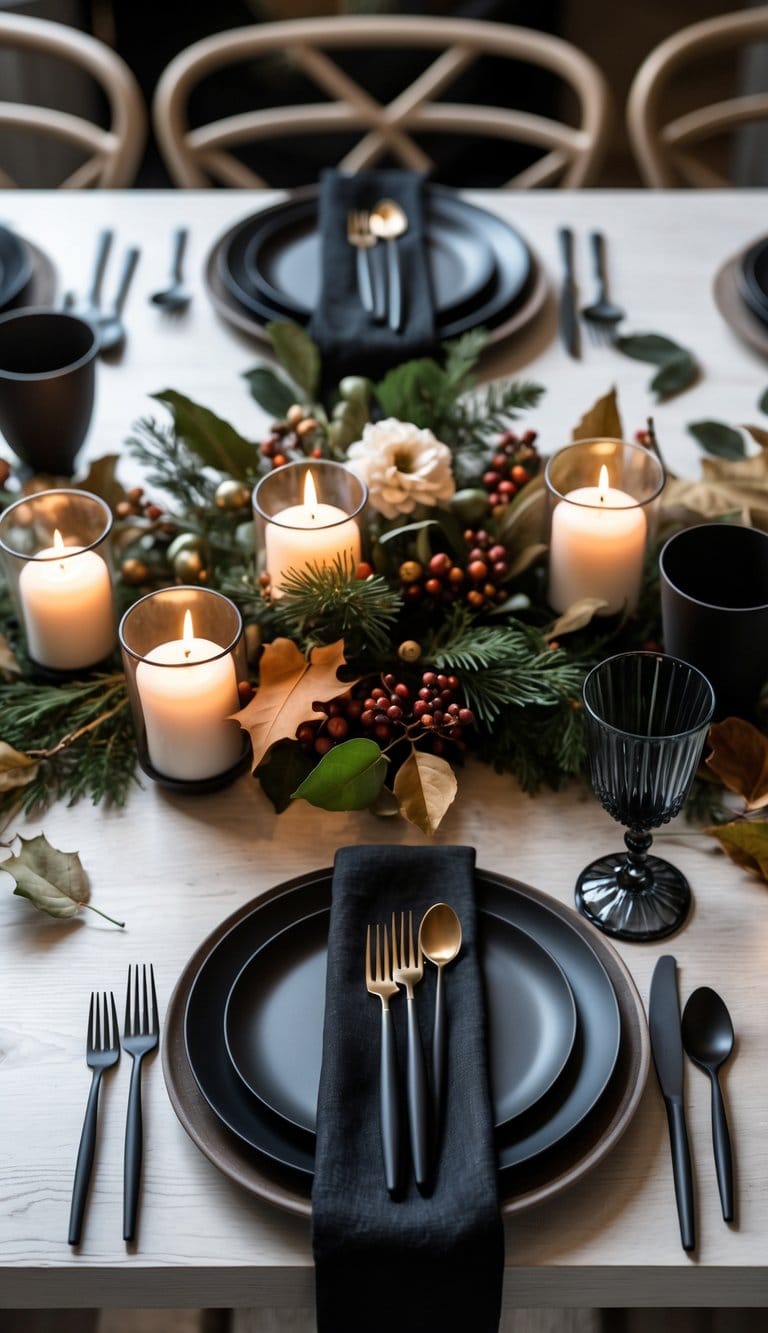 A full view of a decorated dining table with black matte flatware, plates, candles, and seasonal floral centerpieces arranged neatly.