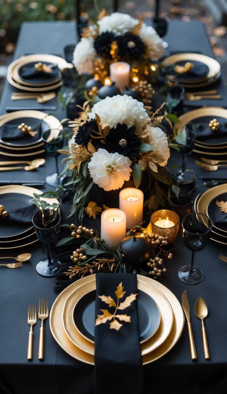 A beautifully set black and gold table with floral centerpieces, candles, and coordinated tableware, arranged for a festive event.