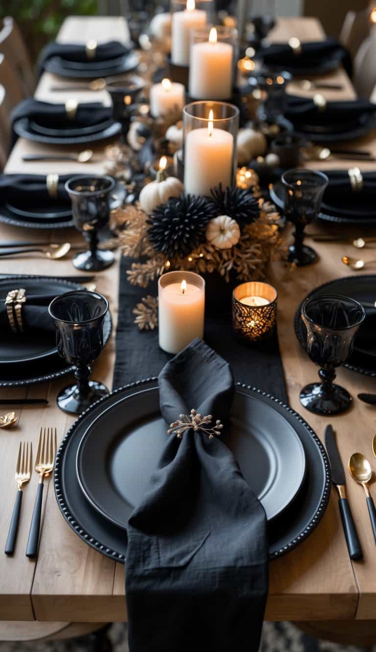 A beautifully set dining table with black folded napkins, candles, seasonal flowers, and coordinated tableware arranged neatly for a festive event.