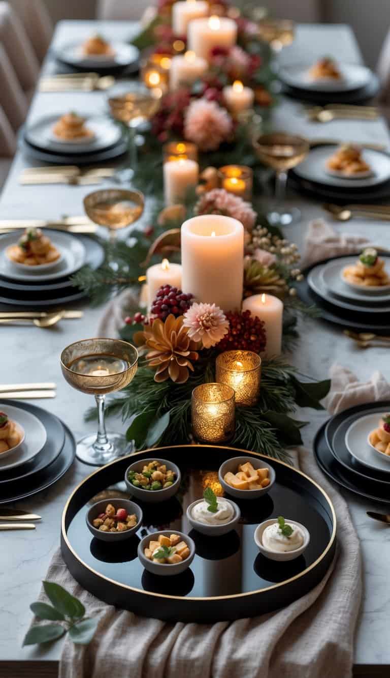 A full view of a decorated table with black mirrored trays holding appetizers, surrounded by candles, flowers, and coordinated tableware in natural light.