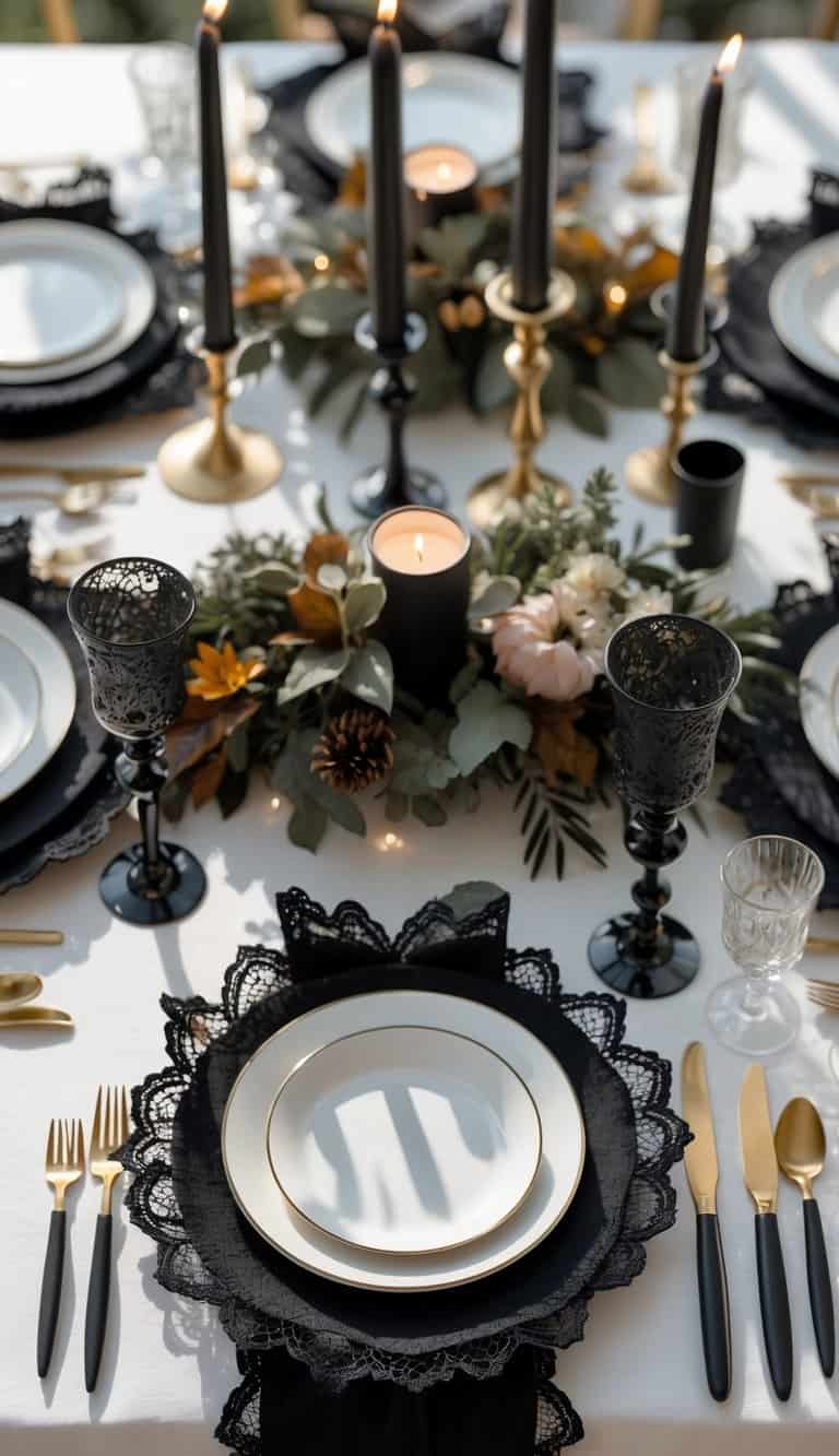 A full view of a decorated table with black lace napkin pockets, black and gold tableware, candles, and floral centerpieces arranged for a holiday event.