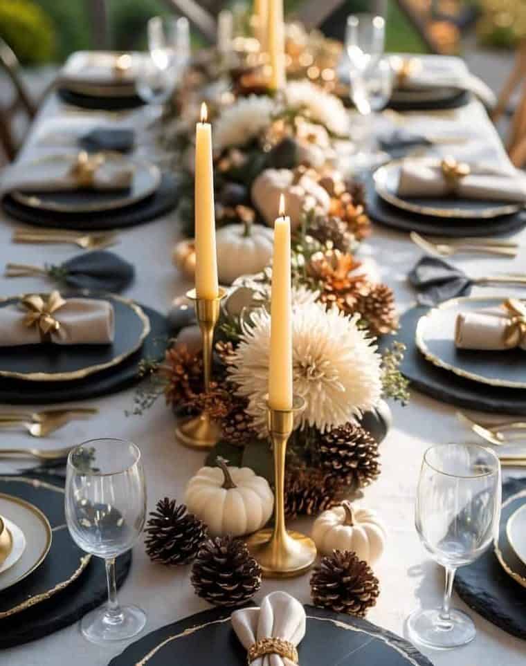 A formal dining table set with black and gold plates, gold cutlery, beige napkins, wine glasses, candles, pinecones, and white pumpkins as centerpiece decorations.