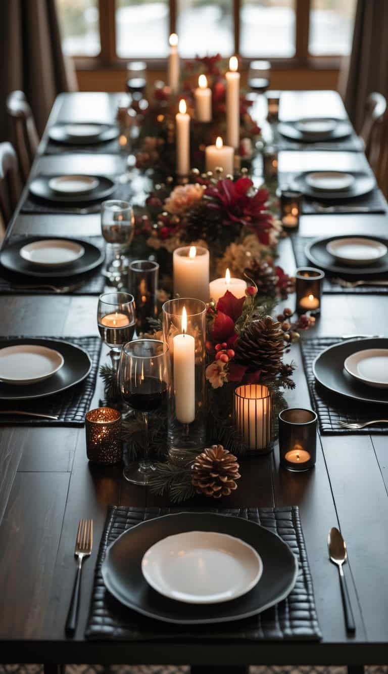 A full view of a table set with black leather placemats, candles in glass holders, and seasonal floral centerpieces on a dark wooden table.