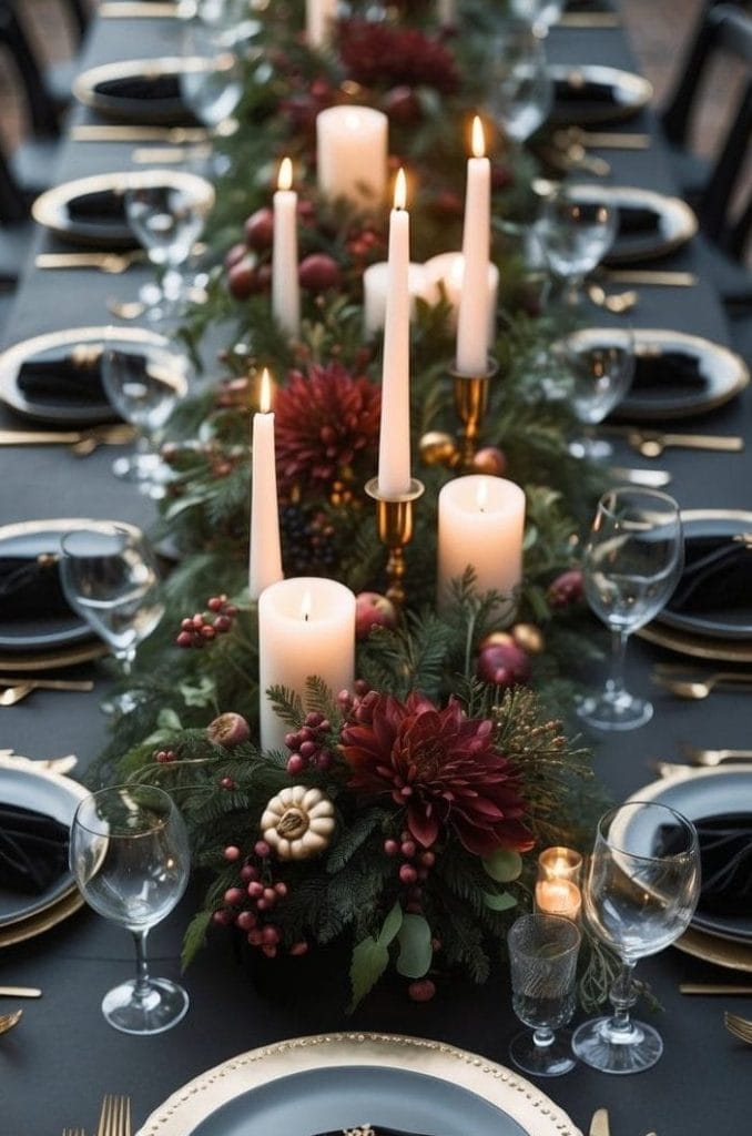 A formal dining table set with black plates, gold cutlery, black napkins, glassware, and a centerpiece of candles, greenery, and red flowers.