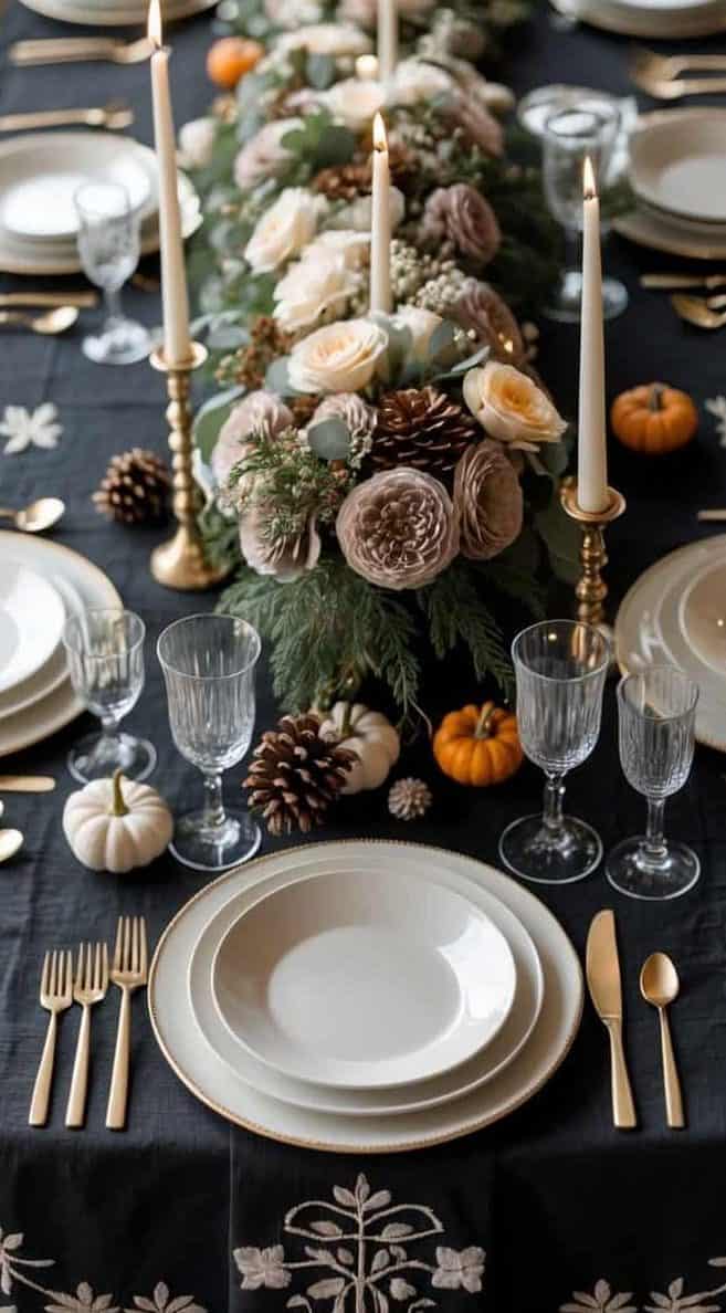 A dining table set with white plates, gold cutlery, glassware, lit candles, floral centerpiece, pine cones, and small pumpkins on a dark tablecloth.