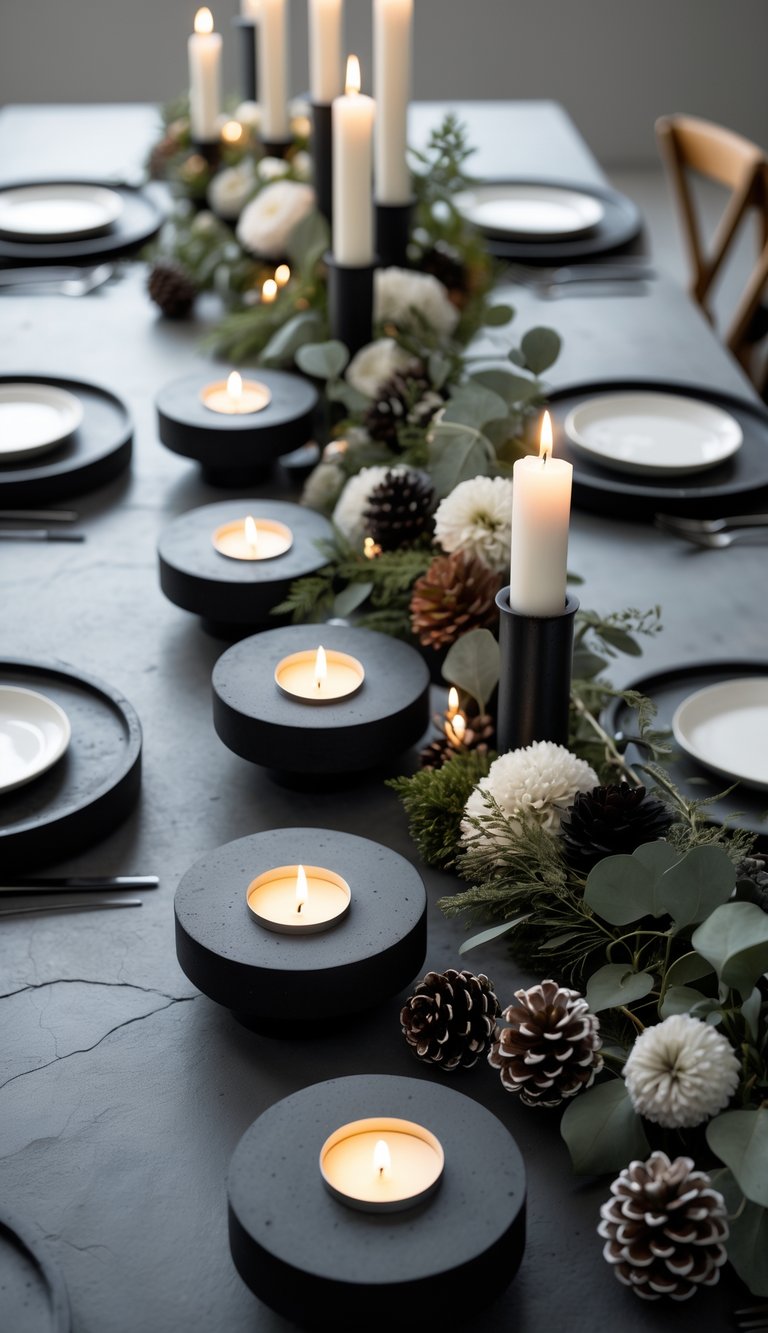 A full view of a decorated table with black concrete candle trays holding lit candles, surrounded by seasonal flowers and natural greenery.