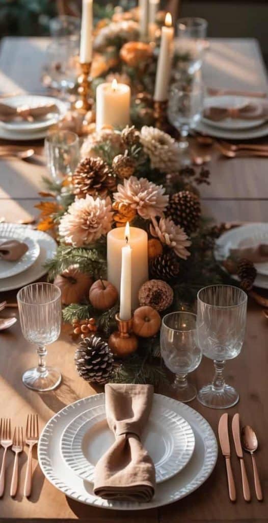A wooden dining table is set with white plates, glassware, gold cutlery, beige napkins, candles, pinecones, flowers, and small pumpkins as a centerpiece.