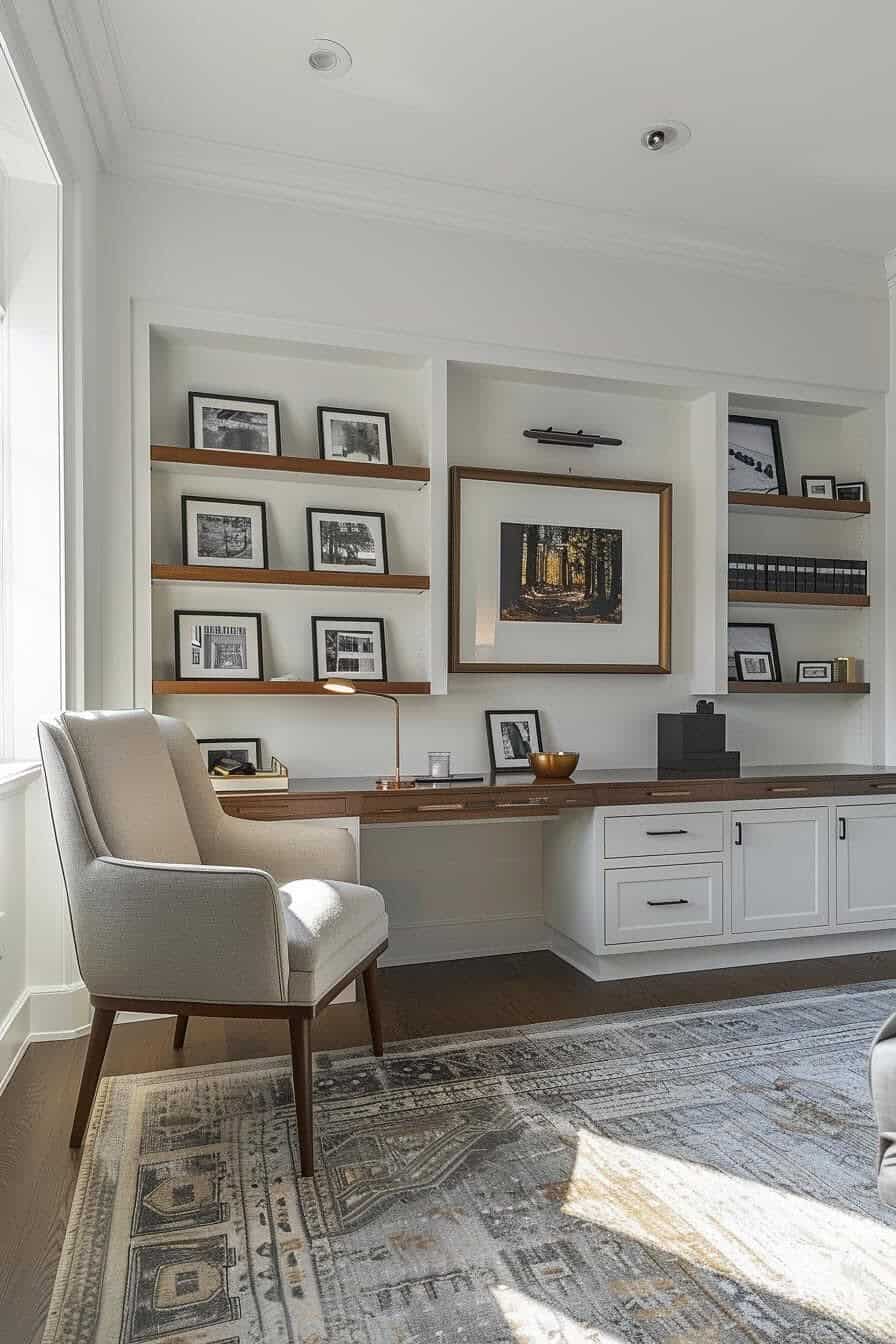 A home office with built-in shelves displaying framed photos, a large central artwork, a beige armchair, a wooden desk, and white cabinets, lit by natural light.