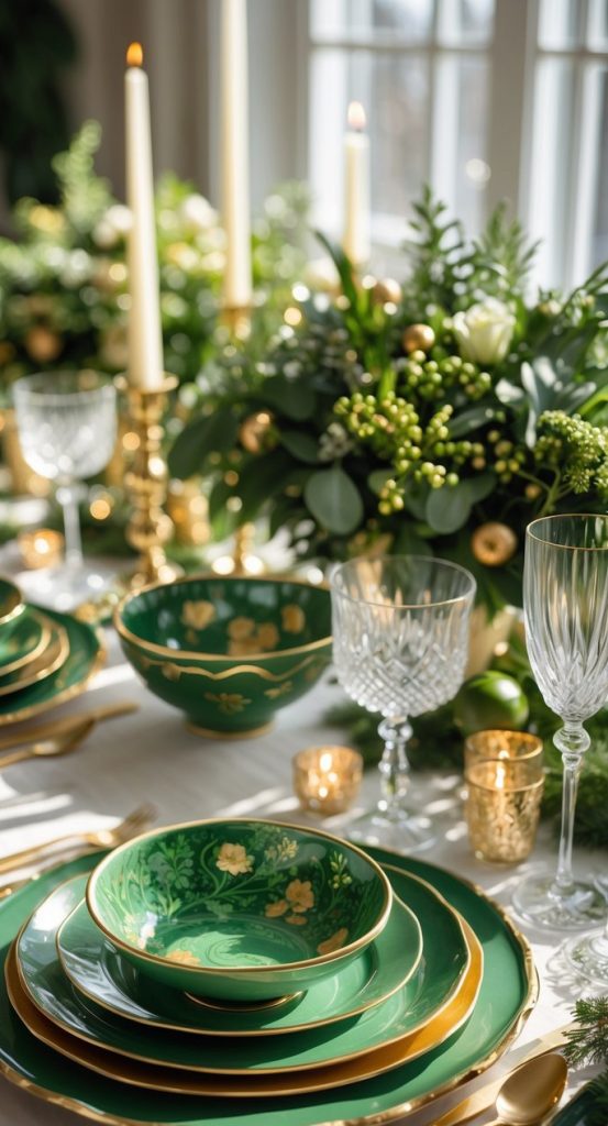 A formal dining table set with green and gold dishware, crystal glasses, gold cutlery, candles, and floral centerpieces by a window in natural light.