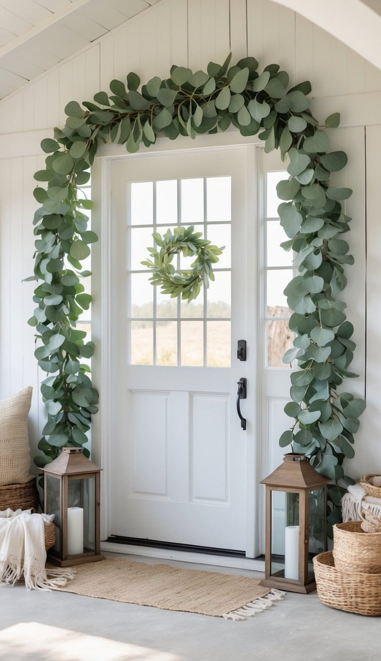 A white door decorated with a green wreath and eucalyptus garland, flanked by two lanterns and woven baskets on a neutral rug.