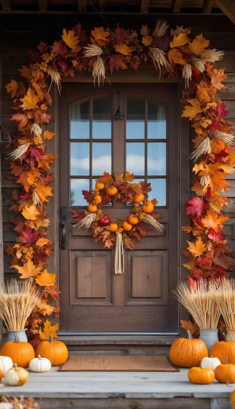 A wooden front door decorated with an autumn leaf garland, a fall wreath with small pumpkins, and pumpkins and bundles of wheat arranged on the porch.