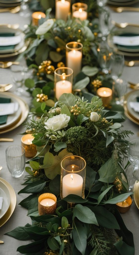 A table set with gold-rimmed plates, glassware, and a centerpiece of greenery, white flowers, and lit candles in glass holders.