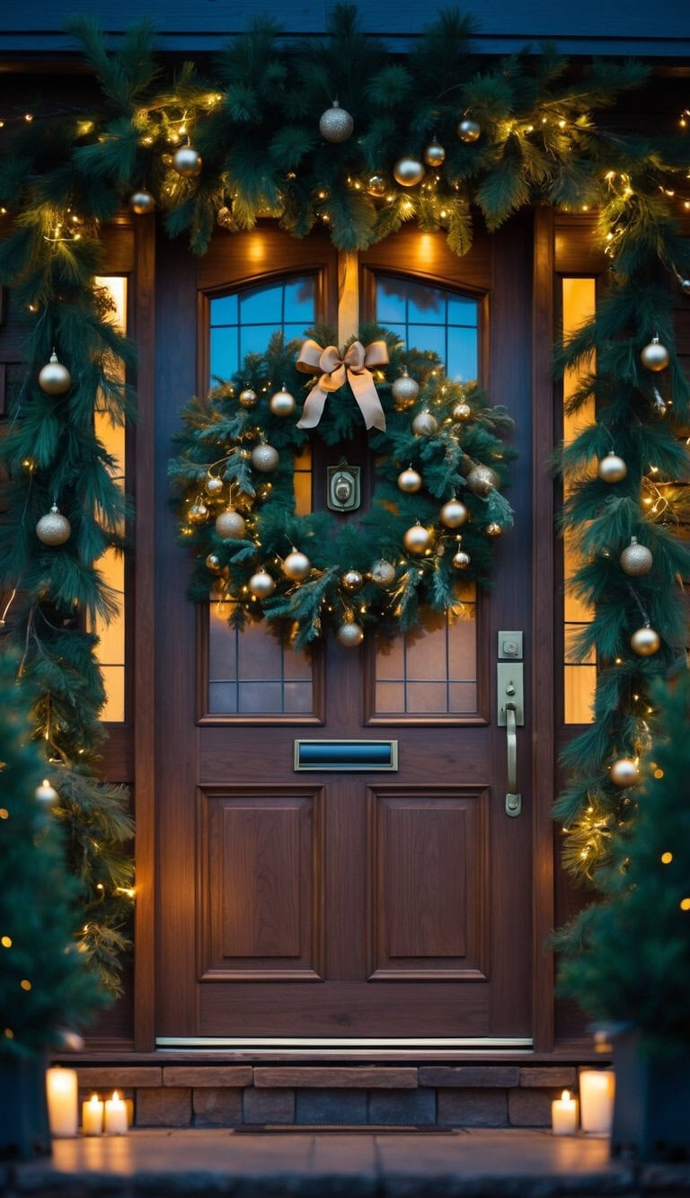 A wooden front door decorated with a wreath, gold ornaments, and garland with lights, surrounded by candles and greenery.