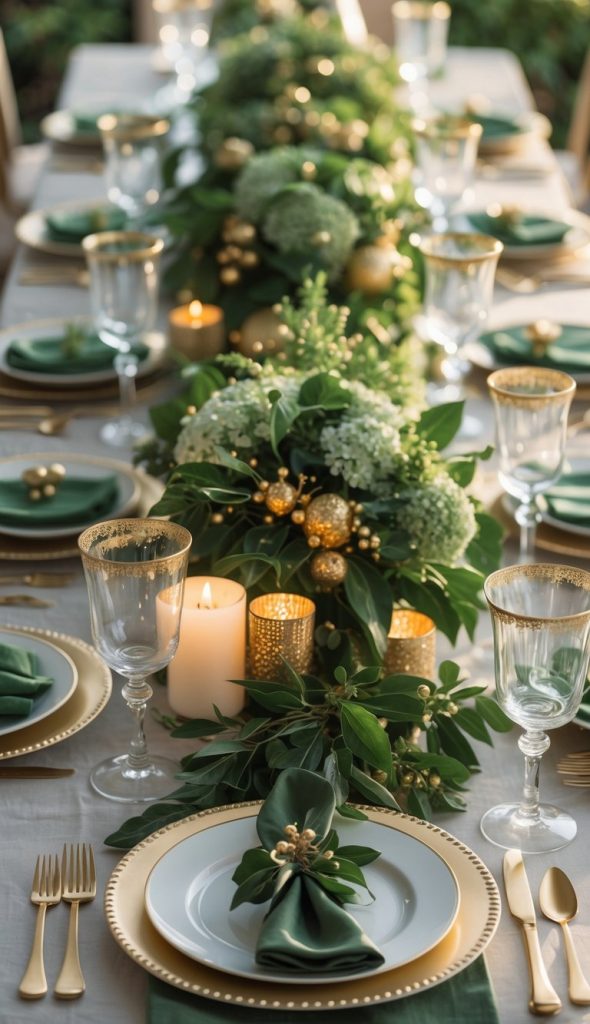 A long dining table is set with white plates, gold flatware, green napkins, clear glasses, candles, and a central green and gold floral arrangement.