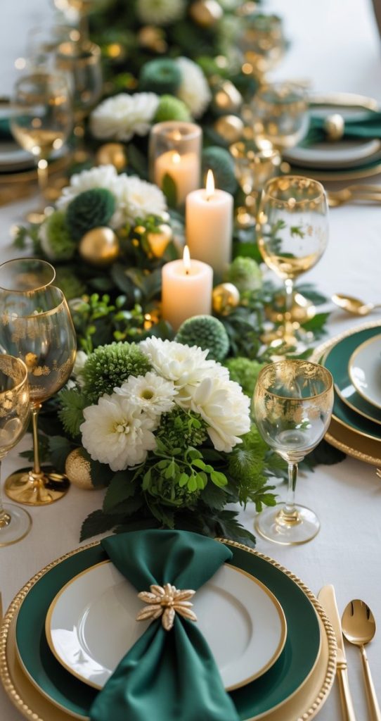Elegant table setting with green and gold accents, white floral centerpiece, candles, gold cutlery, and neatly folded napkins on white plates.