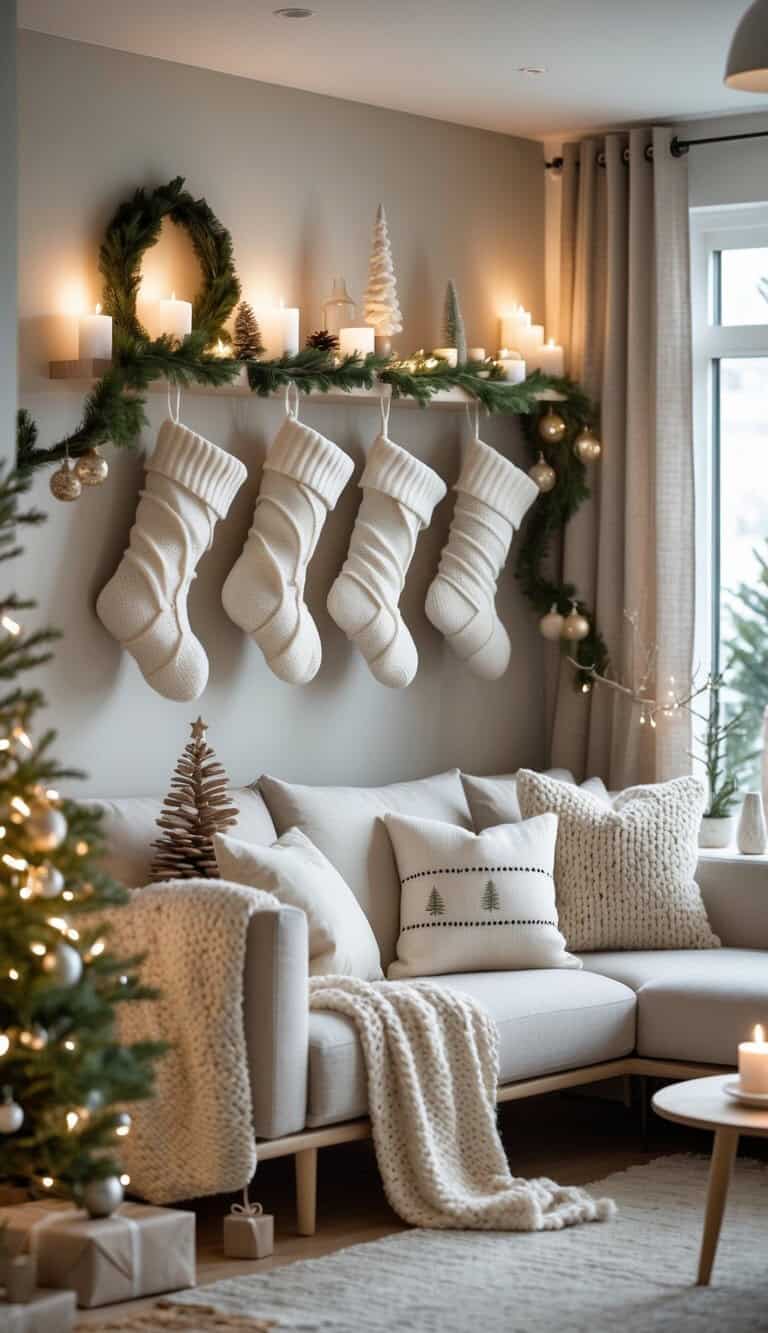 Cozy Christmas living room decorated with stockings, candles, and holiday ornaments, creating a warm and festive home atmosphere.