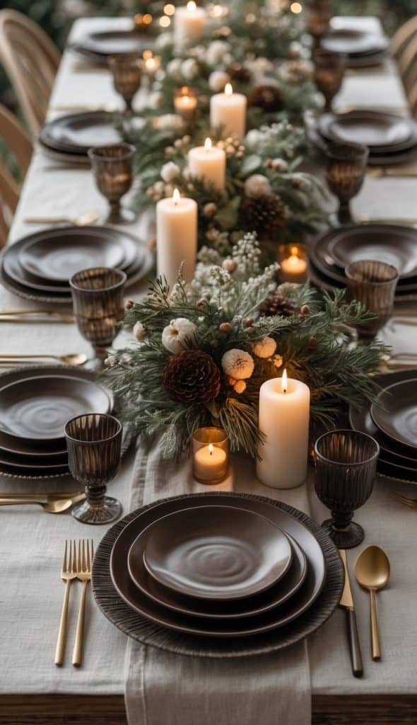 A festive dining table set with dark plates, gold cutlery, brown glassware, lit candles, and a holiday centerpiece of greenery and pinecones.