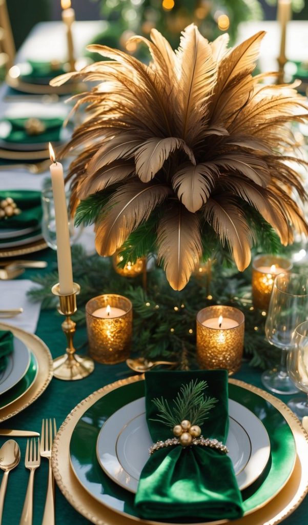 A holiday table setting with green and gold decor, featuring gold feathers centerpiece, green napkins with pine accents, candles, and gold-rimmed plates and cutlery.