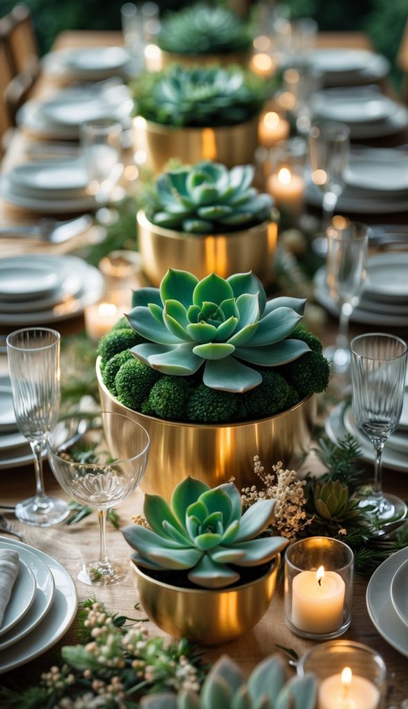 A dining table set with plates, glasses, and gold pots containing succulents, surrounded by candles and decorative greenery.