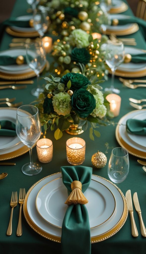 A formal dining table set with gold-trimmed plates, green napkins with gold tassels, gold utensils, candles, and a centerpiece of green flowers and foliage.
