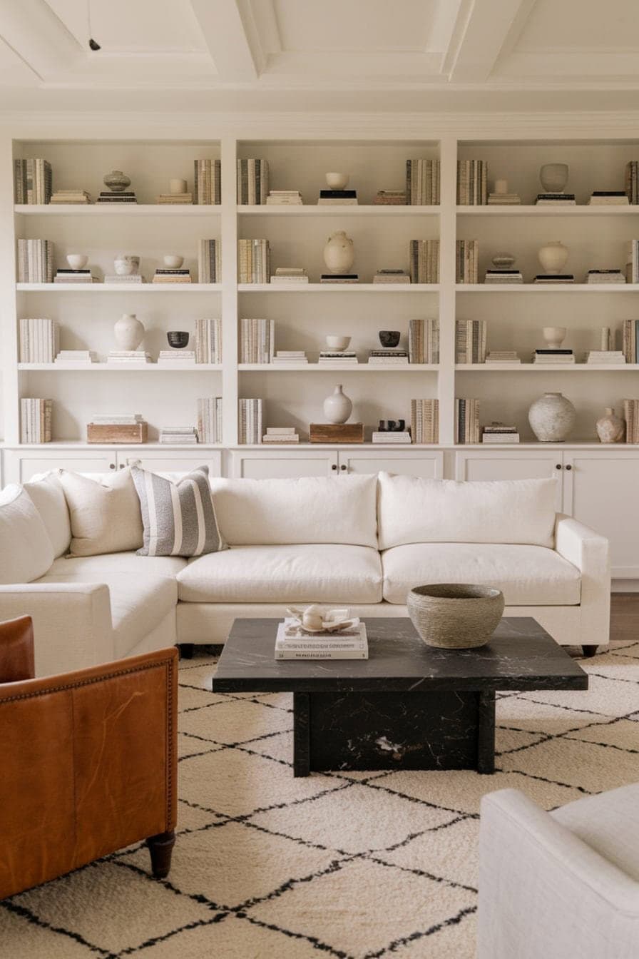 A modern living room with a white sectional sofa, black coffee table, leather armchair, and built-in shelves displaying books and decorative vases.