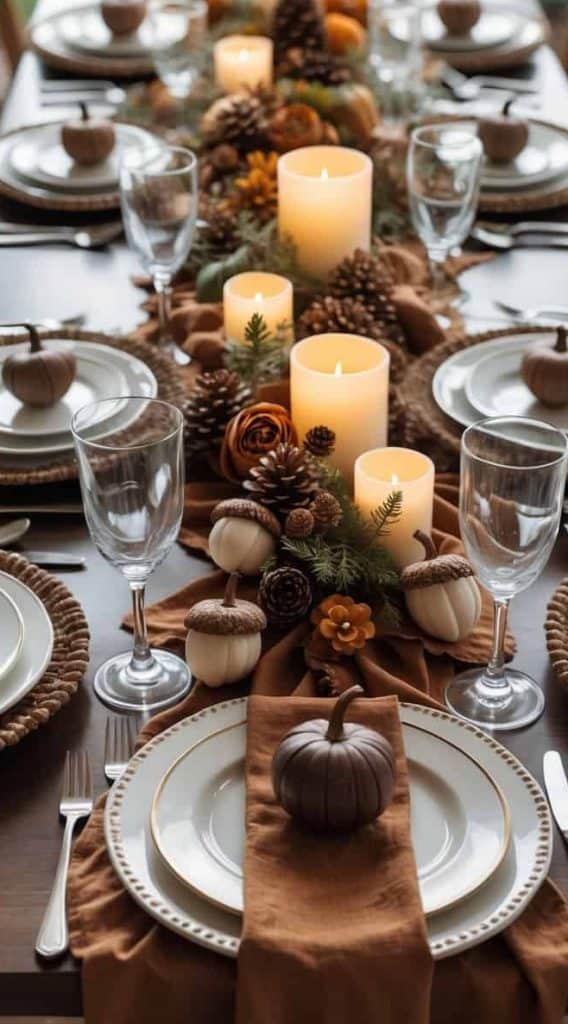 A dining table set for a fall-themed meal, decorated with candles, pinecones, small pumpkins, and autumn foliage, with plates, glasses, and cutlery arranged for six people.