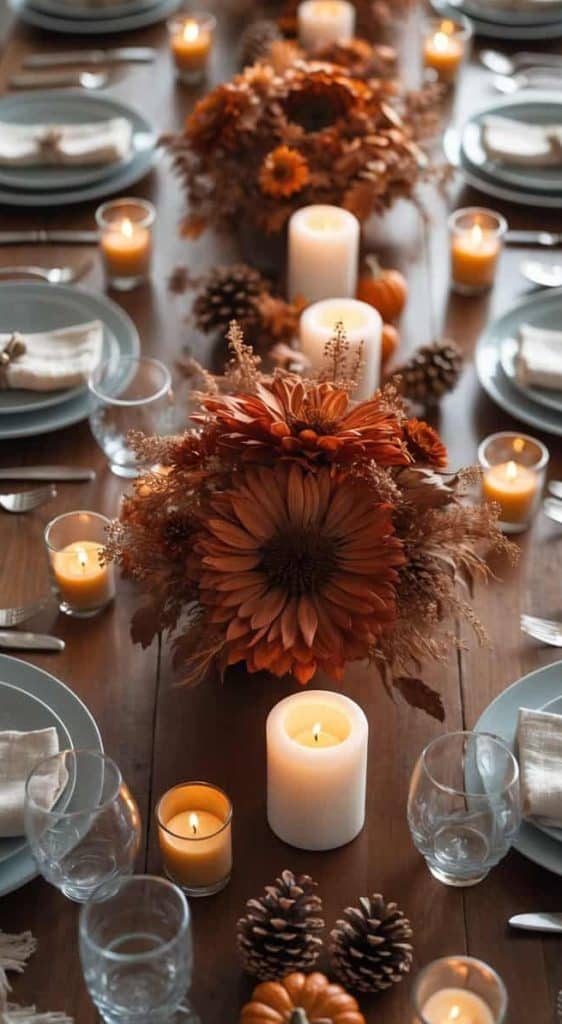A long dining table set with plates, glasses, and napkins, decorated with candles, pinecones, and autumn flowers in orange and brown tones.