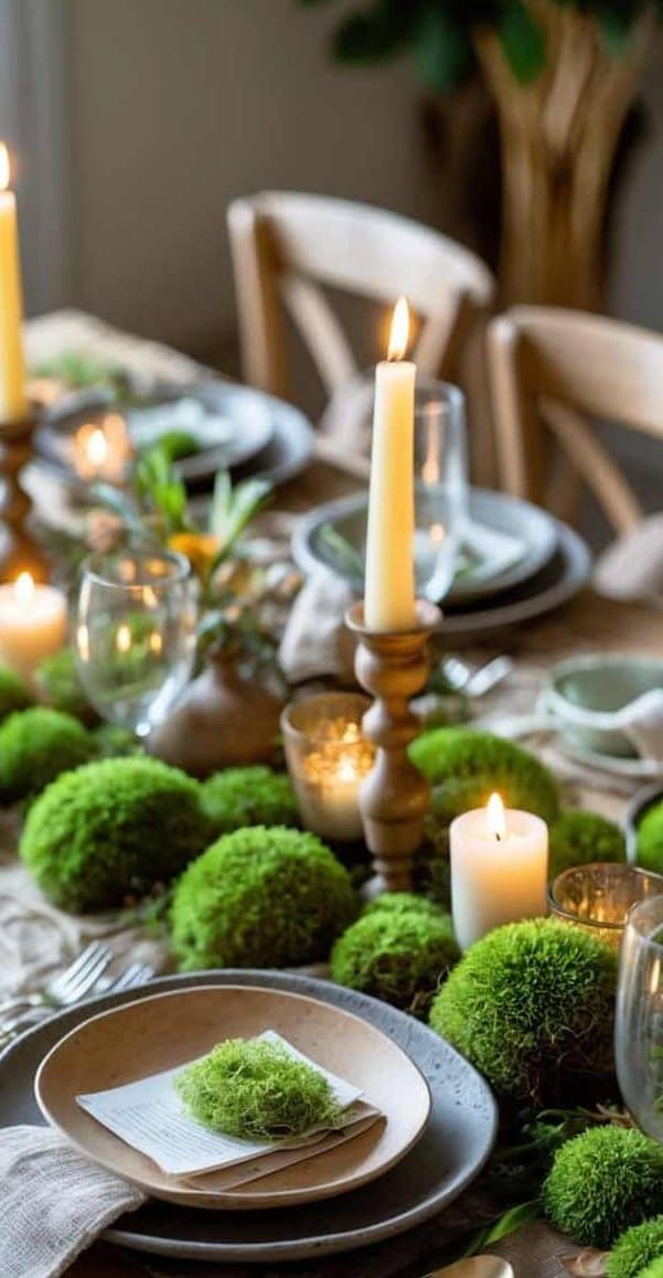 A dining table set with plates, cutlery, lit candles, and decorative moss centerpieces, creating a natural, rustic ambiance.
