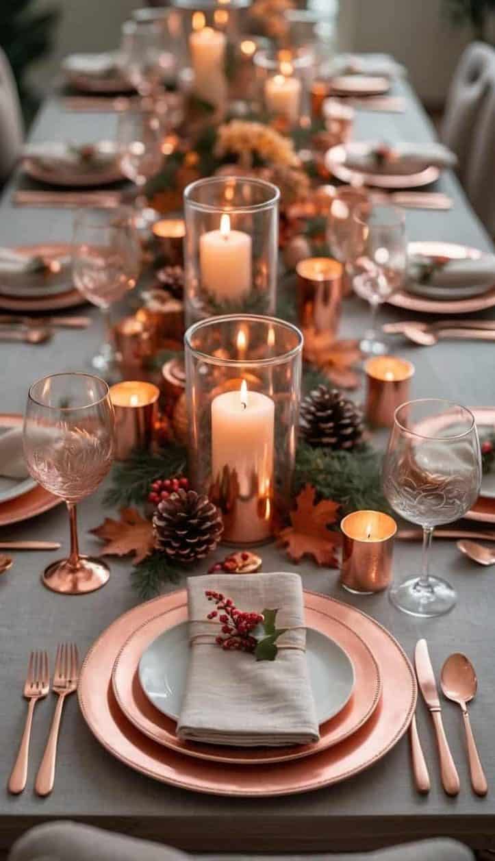 A dining table set with copper plates, glasses, and cutlery, decorated with candles, pinecones, greenery, and autumn leaves for a festive occasion.